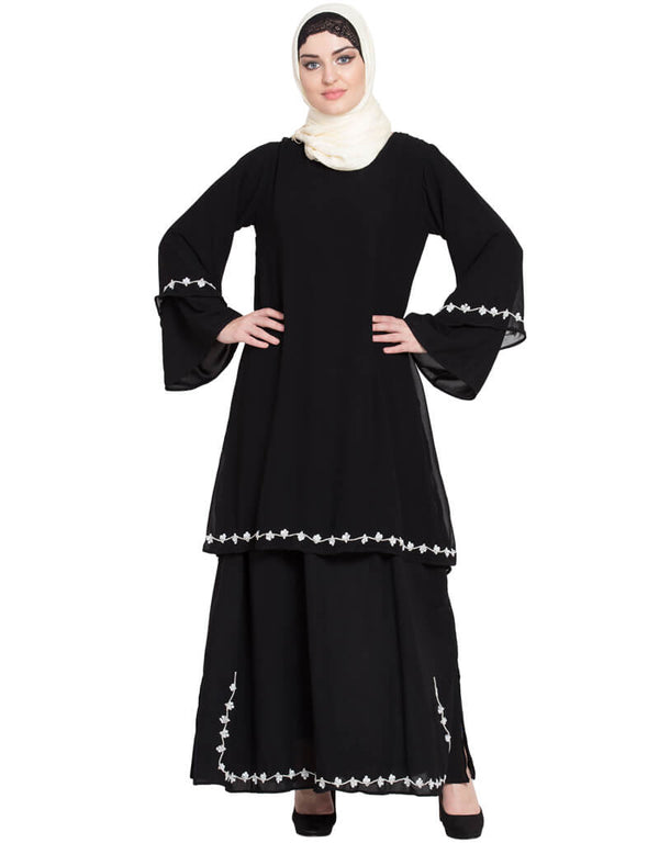 Chic Double Layer Bell Sleeve hand embroidered Abaya Black Women Online shopping USA